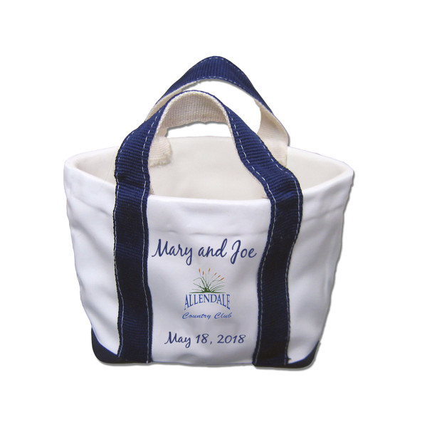 Polyresin boat bag desk accessory personalized with names of recipients and date of a special occasion