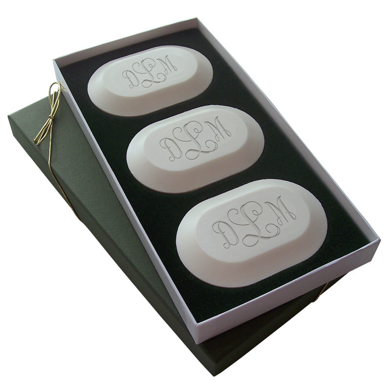 Monogram soap set personalized with recipients initials and made from 100% vegetable oil with an aqua mineral scent