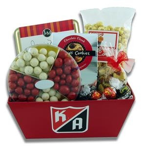 Company branded gift basket presentation filled with candy, cookies, and other snacks