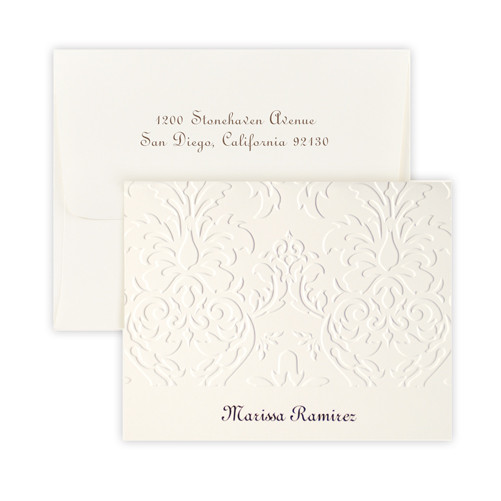 Personalized Damask note card and envelope set embossed with names and optional return address on envelope