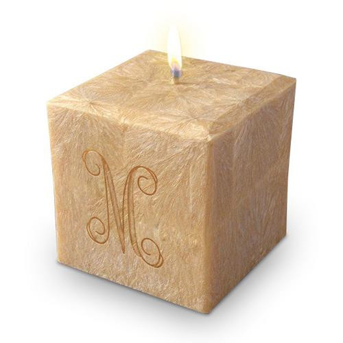 Personalized candle with recipients initials and choice of engraving style, scented with essential oils and carved of palm wax