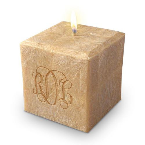 Monogram candle personalized with recipients initials and made of 100% palm wax scented with essential oils