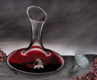 Personalized wide bottom wine decanter with recipient's name and a large mouth for drip-free pouring