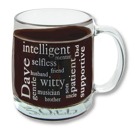 Personalized 13oz glass coffee cup with recipients name and a custom word puzzle of up to 15 words