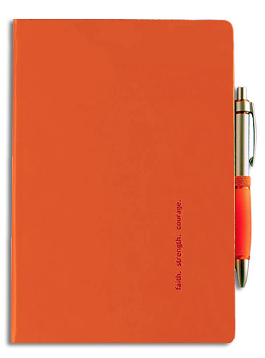 Hardcover journal with 192 pages of lined paper, bookmark ribbon, pen loop, pen, elastic band closure and back pocket