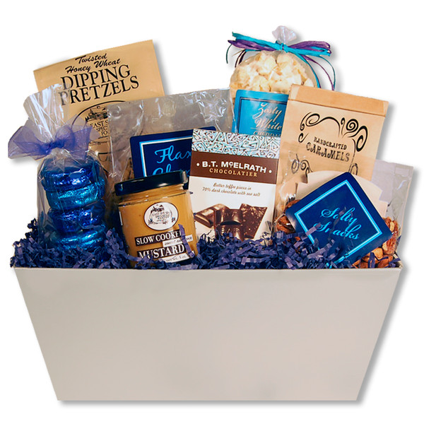 Company color themed gift basket presentation filled with candy, cookies, and other snacks