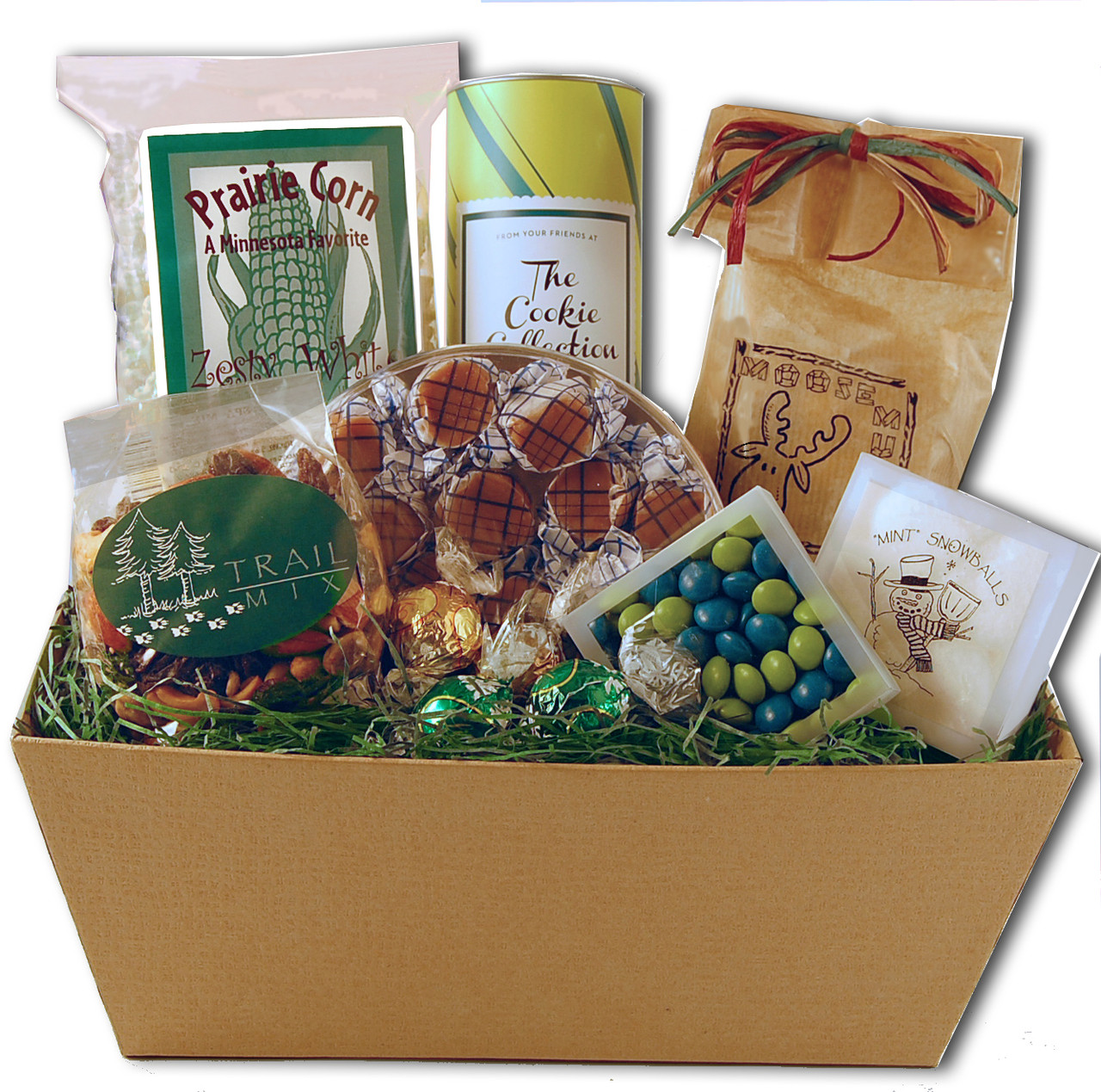 Gift basket arrangement with Minnesota wild rice, prairie corn, moose munch, snowball almonds, birch bark, and trail mix
