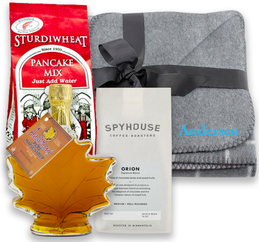 Sturdiwheat Pancake Mix, MN Maple Syrup, Spyhouse Coffee, Personalized Polar Fleece Throw Blanket