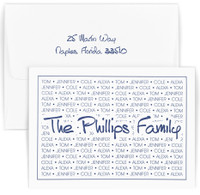Personalized stationary set printed with family name over a repeating background of family's first names