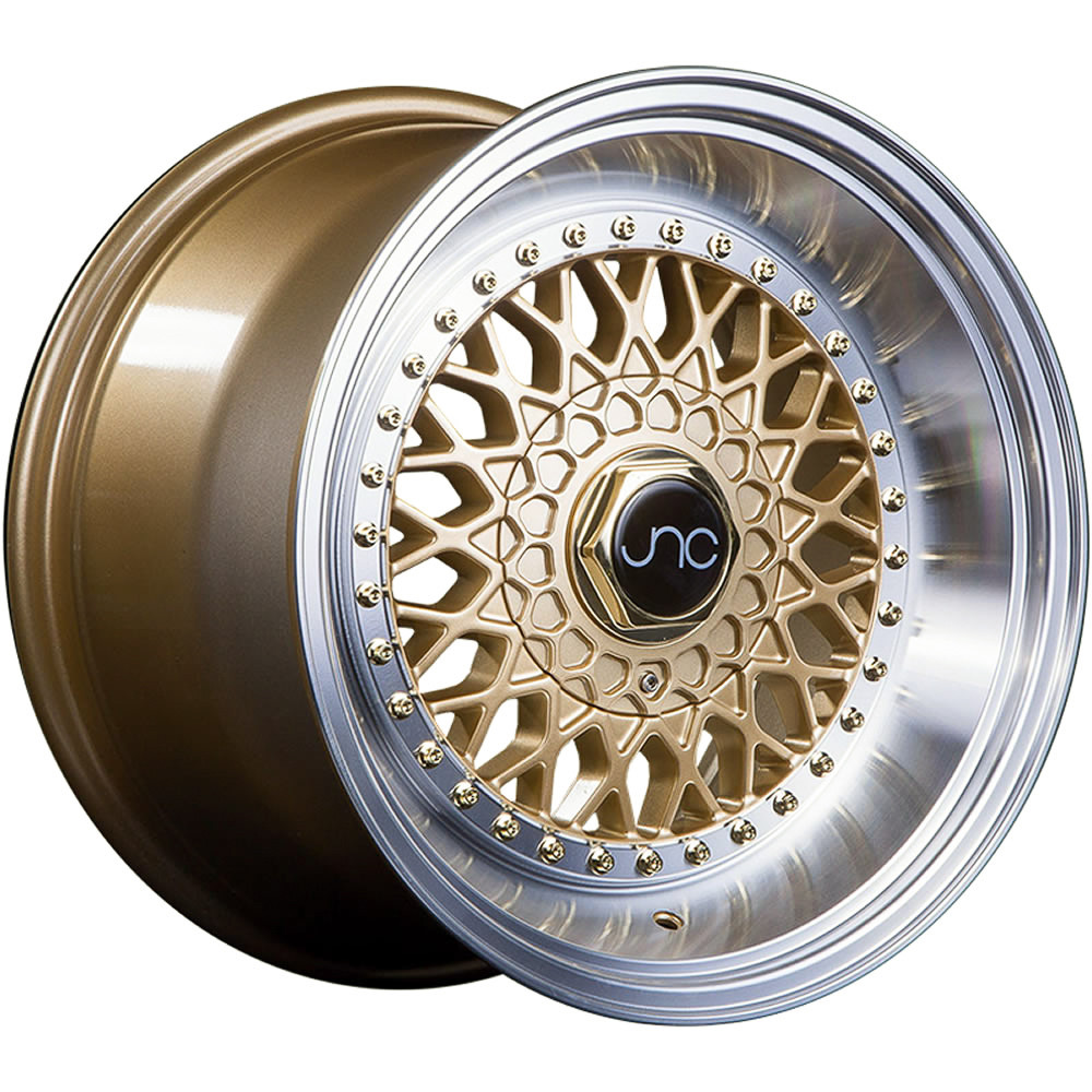 JNC Wheels 4x100//4x114.3-15x8 inch 15 JNC004 Gold Machined Lip Gold Rivet Rim