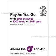 Three 3 UK 12GB/30Days Go Roam Roaming Pay As You Go PAYG Prepaid Voice Data SIM
