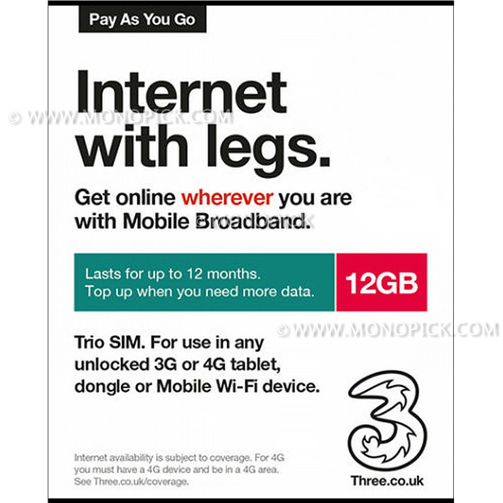 Three 3 Go Roam Roaming Data Only Pay As You Go PAYG Prepaid SIM - monopick