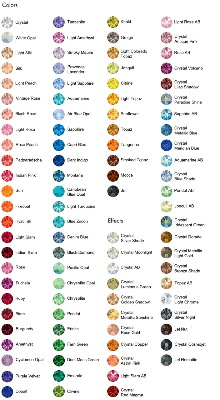 Swarovski Crystal Rhinestone Color Chart