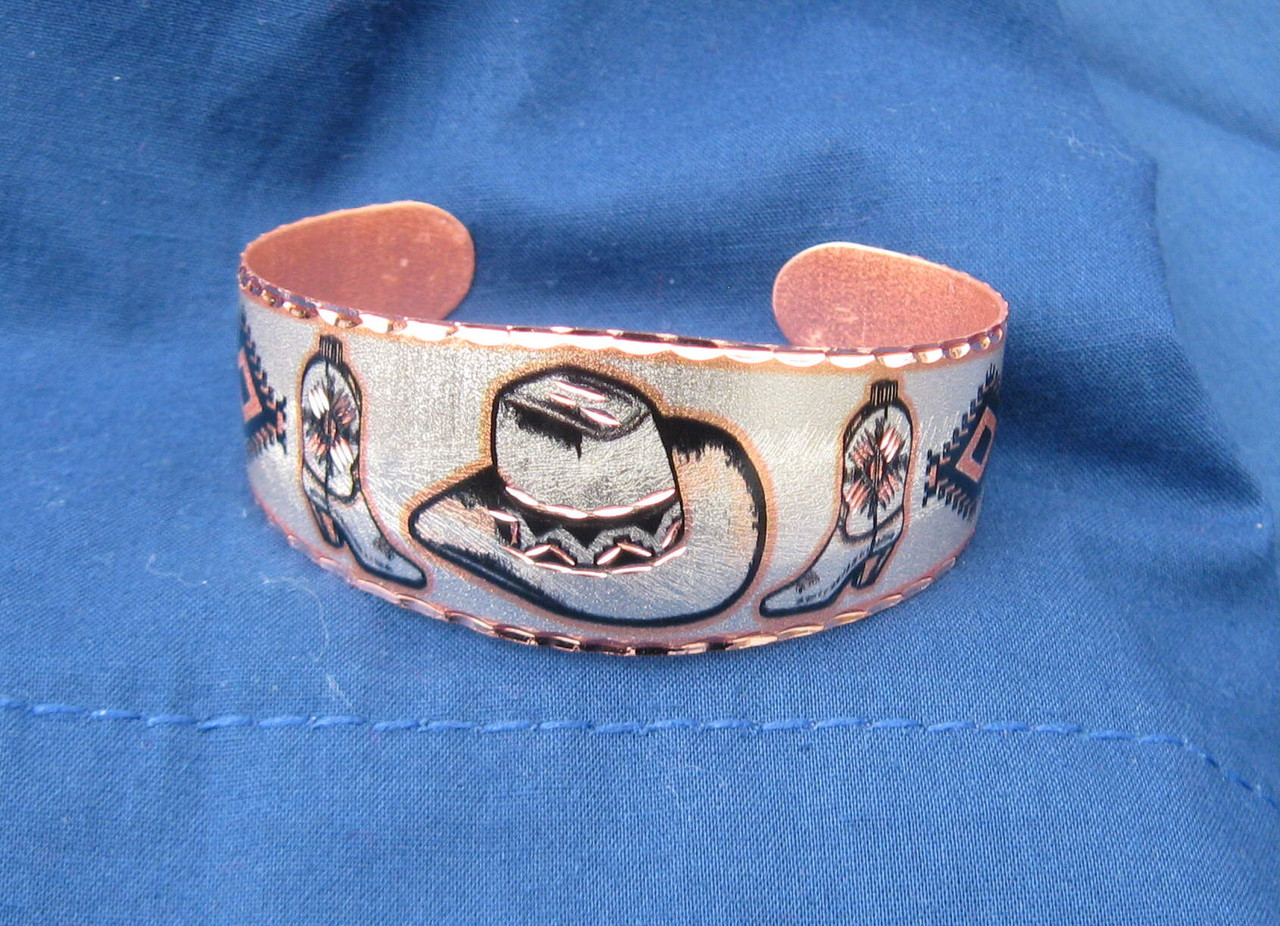 Bracelet cowboy hat boots diamond-cut copper