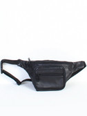 LEATHER WAIST PACK.  3-WAY ZIP COMPARTMENT.  HORIZONTAL ZIP POCKET.  INSIDE CREDIT CARD POCKETS AND ID WINDOW.  ROOMY ZIP INTERIOR.  OUTSIDE ZIP BACK POCKET.  IMPORT.