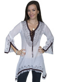 E102-WHT-LARGE SIZE  LONG SLEEVE 100% COTTON BLOUSE.  LACE UP FRONT WITH EMBROIDERED AND LACE ACCENT..  EMBROIDERED & LACE SPLIT SLEEVES.  SHARKBITE BOTTOM WITH FRINGE..