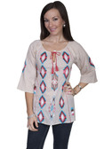 E104-WHE-MEDIUM SIZE  3/4 SLEEVE 100% COTTON TUNIC..  EMBROIDERED FRONT AND SLEEVE ACCENT..  TIE FRONT TASSLE..