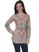 E105-MEDIUMOC-LARGE SIZE  LONG SLEEVE TUNIC WITH TIE FRONT..  PEEK A BOO BACK..  BRIGHT FLORAL AND TRIBAL EMBROIDERY ON FRONT BACK AND SLEEVES..