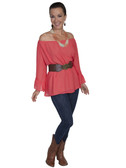 E118-CRL-SMALL SIZE  LONG SLEEVE OFF THE SHOULDER BLOUSE WITH RUFFLE TRIM.