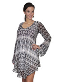 E120-MEDIUMOC-SMALL SIZE  FLOWING PATTERNED LONG SLEEVE DRESS.  SCOOP NECKLINE