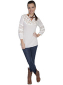 E122-NAT-LARGE SIZE  COTTON TUNIC WITH LACE INSET ON FRONT YOKE AND SLEEVES.