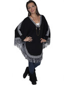 E124-BLK-LARGE SIZE  COMFORTABLE PULL OVER PANCHO WITH FRINGE.