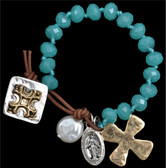 Cross Turquoise Bead Bracelet with Silver and Gold Tone Charms