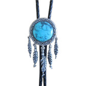 Vintage Silver Plated Round Nature Turquoise Stone Bolo Tie, Western Wedding Necklace