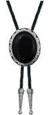 Native American Large Oval Black Onyx Stone Inlaid in a Antique Silver and Black Frame Bolo Tie