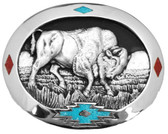 Made in the USA - Bison Belt Buckle with Turquoise & Coral Inlay