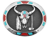 Made in the USA - Medicine Bull Belt Buckle with Turquoise & Coral Inlay