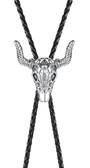 Etched Silver Style Steer Skull Bolo Tie