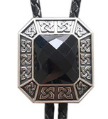 Black Agate Octagon Shaped Stone in Vintage Celtic Silver Plated  Frame Bolo Tie