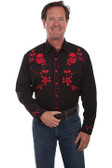 Red Skulls & Roses Embroidered Black Shirt