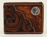Brown Genuine Leather Bifold Floral Round Cross Concho Trifold Wallet