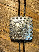 Large Square Engraved Western Style Silver Concho Bolo Tie