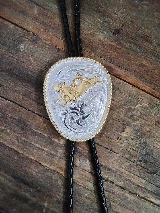 Oblong Silver & Gold Rodeo Bull Rider Bolo Tie