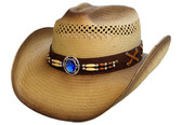 SEMI CATTLEMAN STYLE WITH TURQUOISE CONCHO AND BEADS ON LEATHER Cowboy Hat BAND.