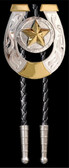 Silver tone horseshoe bolo tie with gold tone accents and gold tone star motif