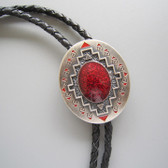 Vintage Silver Plated  Red Stone and Southwest Pattern Oval Wedding Bolo Tie