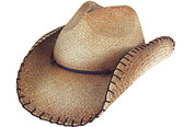TEA STAINED PINCHED FRONT RAFFIA, WITH BROWN CORD Cowboy Hat BAND, WIRED & STITCHED EDGE.