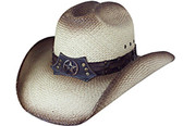 TEA STAINED CATTLEMAN PANAMA WITH LEATHER Cowboy Hat BAND WITH LONGHORN ON STAR CONCHO.