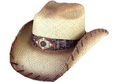 TEA STAINED SEMI CATTLEMAN STYLE PANAMA Cowboy Hat, WITH LEATHER Cowboy Hat BAND AND STITCHED EDGE.
