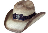 TEA STAINED CATTLEMAN PANAMA WITH LEATHER Cowboy Hat BAND WITH LONGHORN SILVER CONCHO.