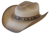 TEA STAINED JUTE FIBER WESTERN Cowboy Hat, WITH STAR AND STONES ON LEATHER Cowboy Hat BAND.