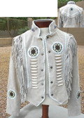 BEIGE LADIES ALL SUEDE JACKET WITH FRINGE AND BEADWORK.