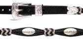 Black leather scalloped hatband with rawhide knots, silver tone conchos and buckle set