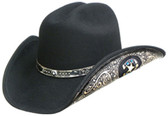 BLACK WOOL Cowboy Hat WITH LEATHER Cowboy Hat BAND AND LEATHER ON THE SIDE OF THE BRIM WITH HORSHOE INPRINTED.( AVAILABLE MARCH 1st)