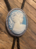 WHITE VINTAGE CAMEO WITH BLUE COLOR BACKGROUND BOLO TIE