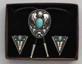Bolo Tie & Collar Tip Boxed Set - German Silver & Turquoise Stones